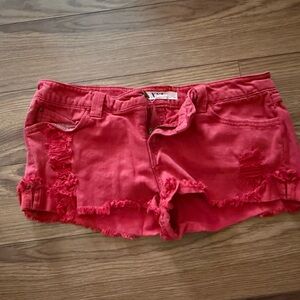 Red Distressed Denim Shorts